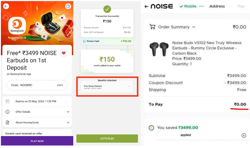 Rummy Circle Free Noise Earbuds Offer