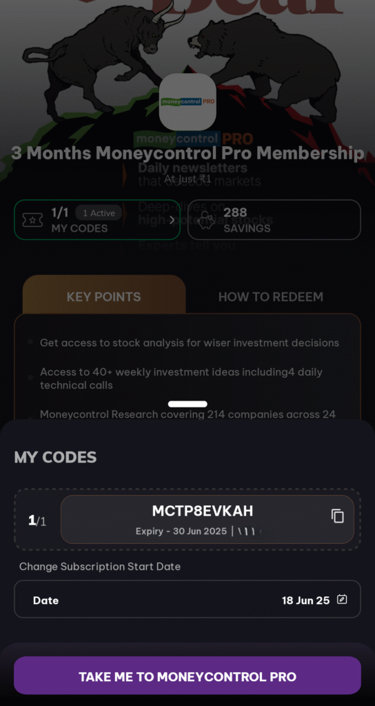 MoneyControl Pro Free Subscription